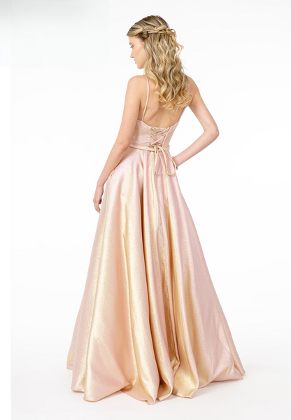 Spaghetti Strap Sweetheart A-Line Long Dress. With bare shoulders and an open neckline. GL2951 Elizabeth K