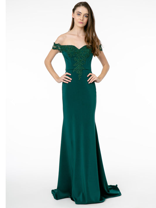 Embroidered Cut-Away Shoulder Jersey Long Dress w/ V-Back. GL2958 Elizabeth K