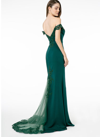 Embroidered Cut-Away Shoulder Jersey Long Dress w/ V-Back. GL2958 Elizabeth K