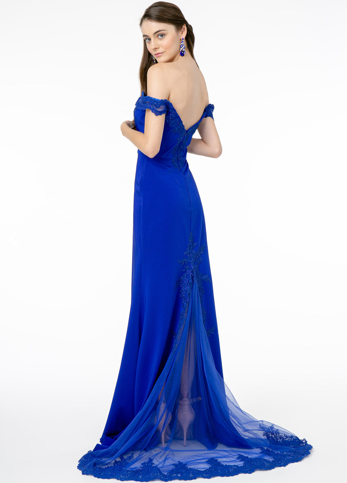 Embroidered Cut-Away Shoulder Jersey Long Dress w/ V-Back. GL2958 Elizabeth K