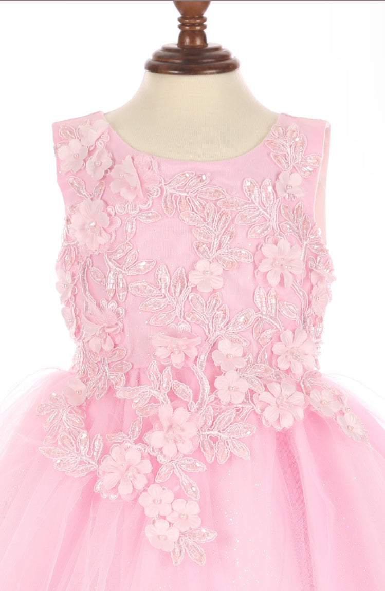 Super cute flower lace adorned with 3D flowers baby tulle dress. 9125B “LALA ERINA" BY CINDERELLA COUTURE