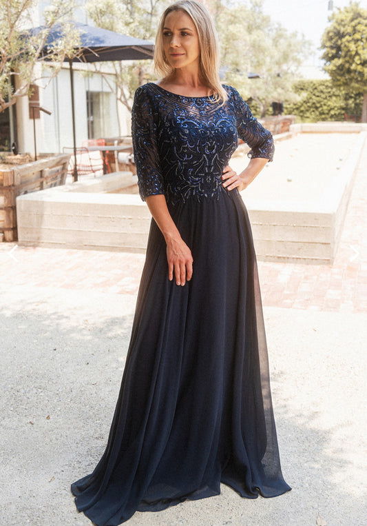 Metallic Sequin Sheer Neckline Chiffon A-line Long Dress. GL3446 GLS BY GLORIA