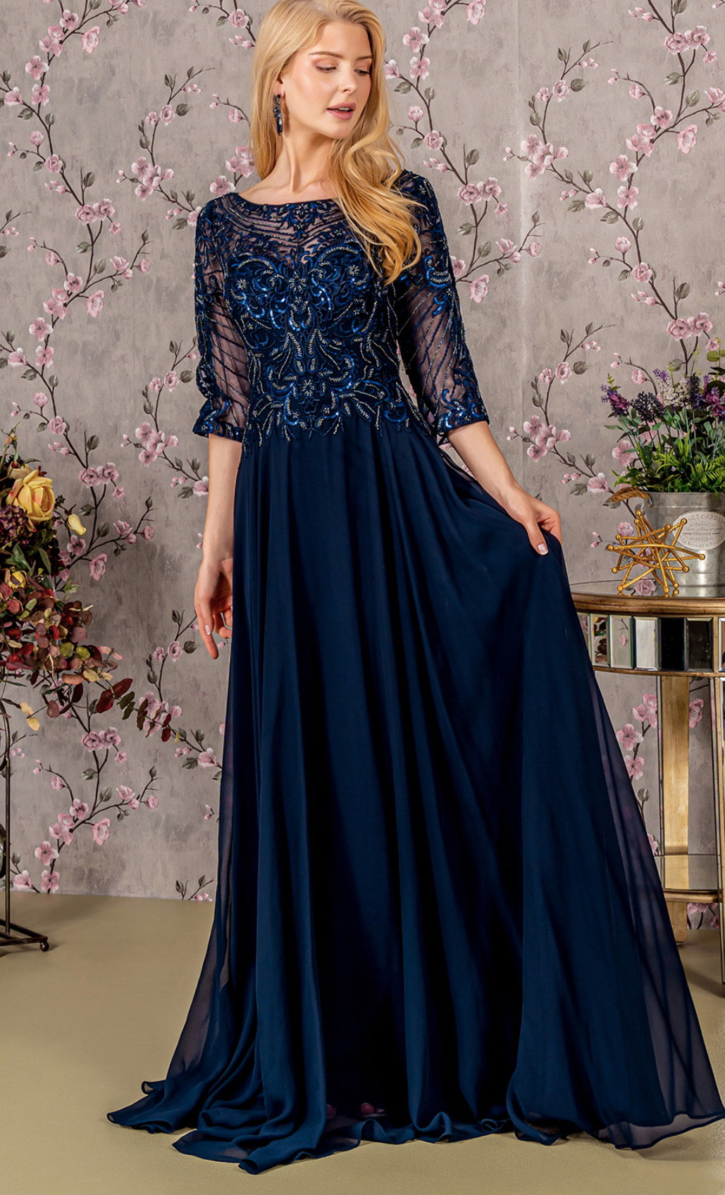 Metallic Sequin Sheer Neckline Chiffon A-line Long Dress. GL3446 GLS BY GLORIA