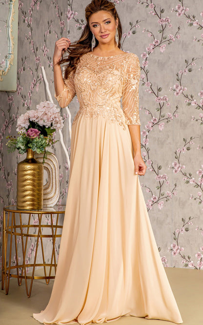 Metallic Sequin Sheer Neckline Chiffon A-line Long Dress. GL3446 GLS BY GLORIA