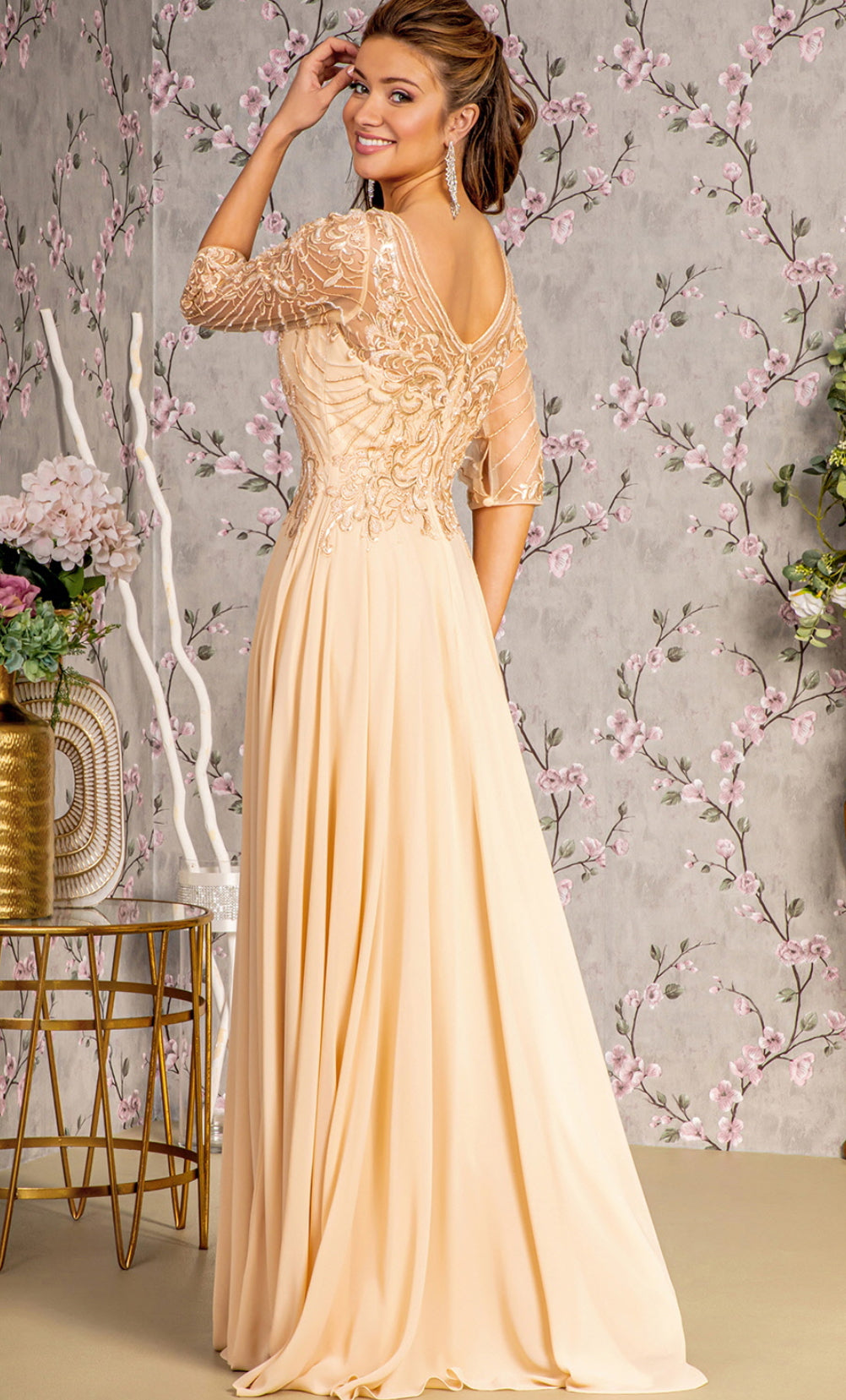 Metallic Sequin Sheer Neckline Chiffon A-line Long Dress. GL3446 GLS BY GLORIA