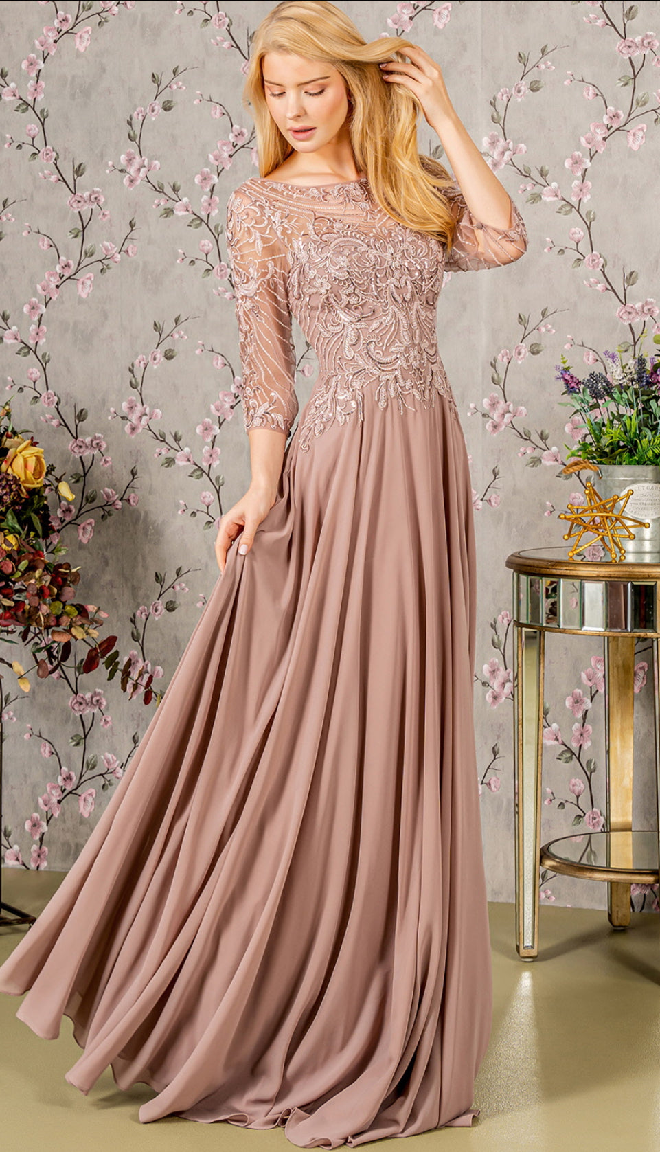 Metallic Sequin Sheer Neckline Chiffon A-line Long Dress. GL3446 GLS BY GLORIA