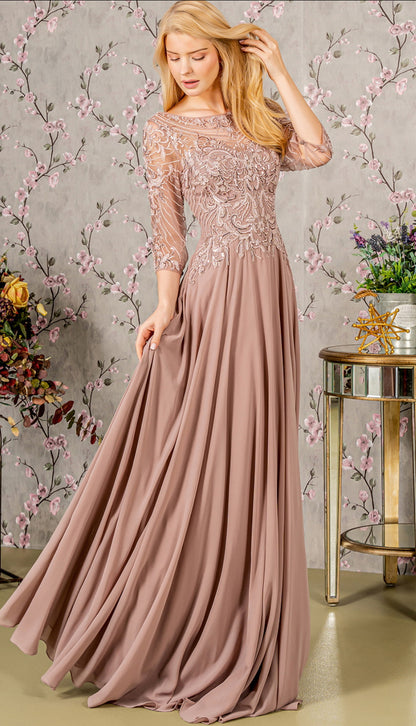 Metallic Sequin Sheer Neckline Chiffon A-line Long Dress. GL3446 GLS BY GLORIA