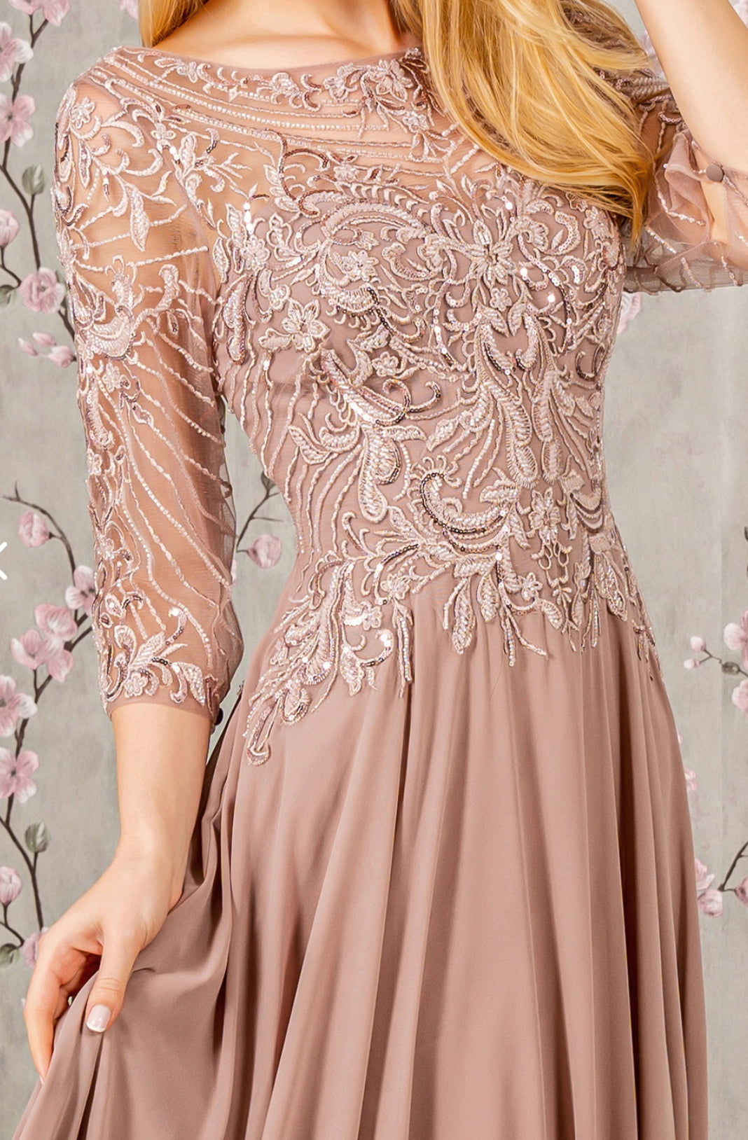 Metallic Sequin Sheer Neckline Chiffon A-line Long Dress. GL3446 GLS BY GLORIA