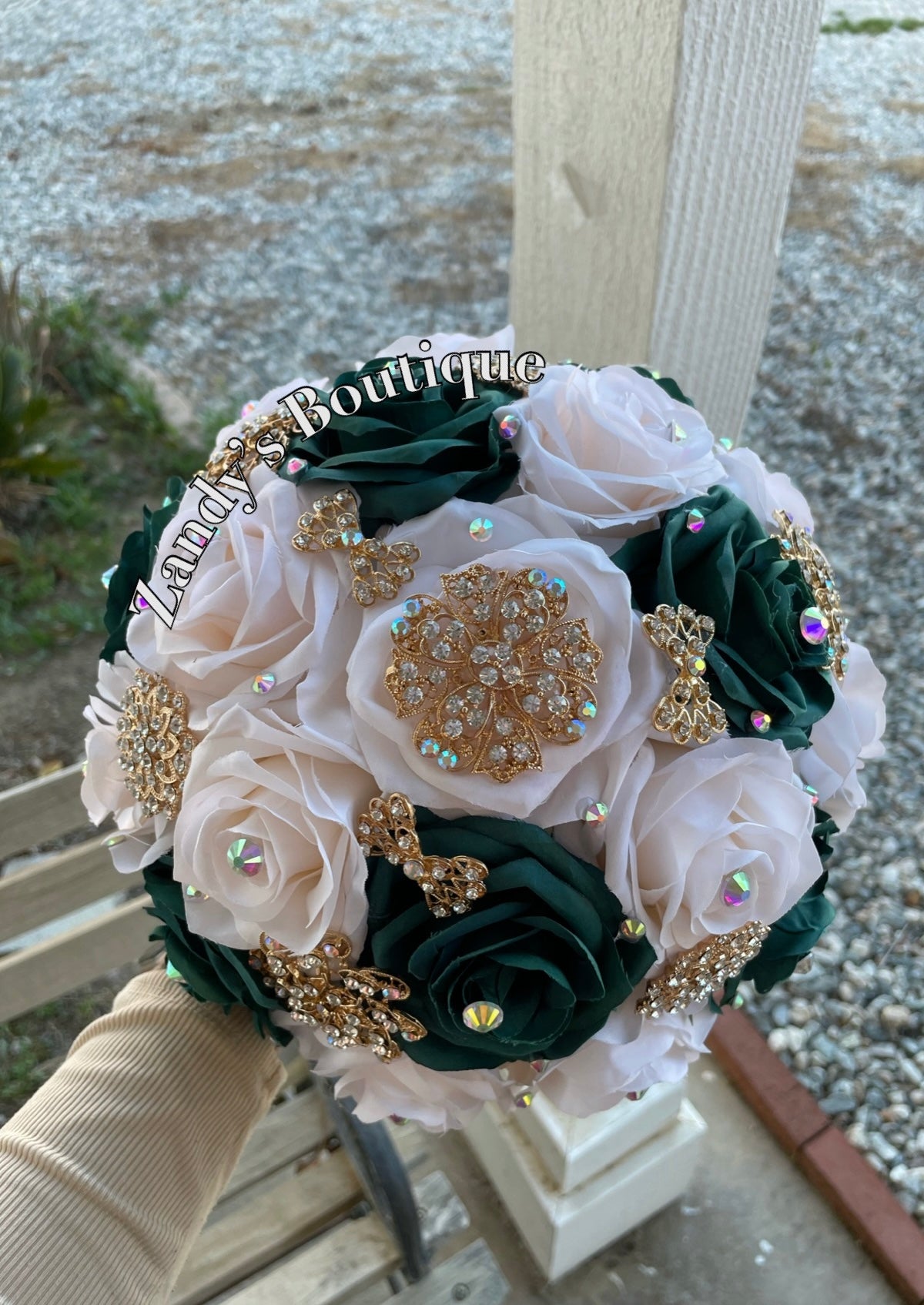 Dark Green With Cream Bouquet Along with Sparkly Gold Brooches Bouquet HGCR001 by MARINA'S CRAFT.