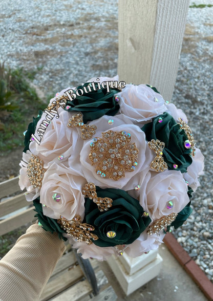 Dark Green With Cream Bouquet Along with Sparkly Gold Brooches Bouquet HGCR001 by MARINA'S CRAFT.