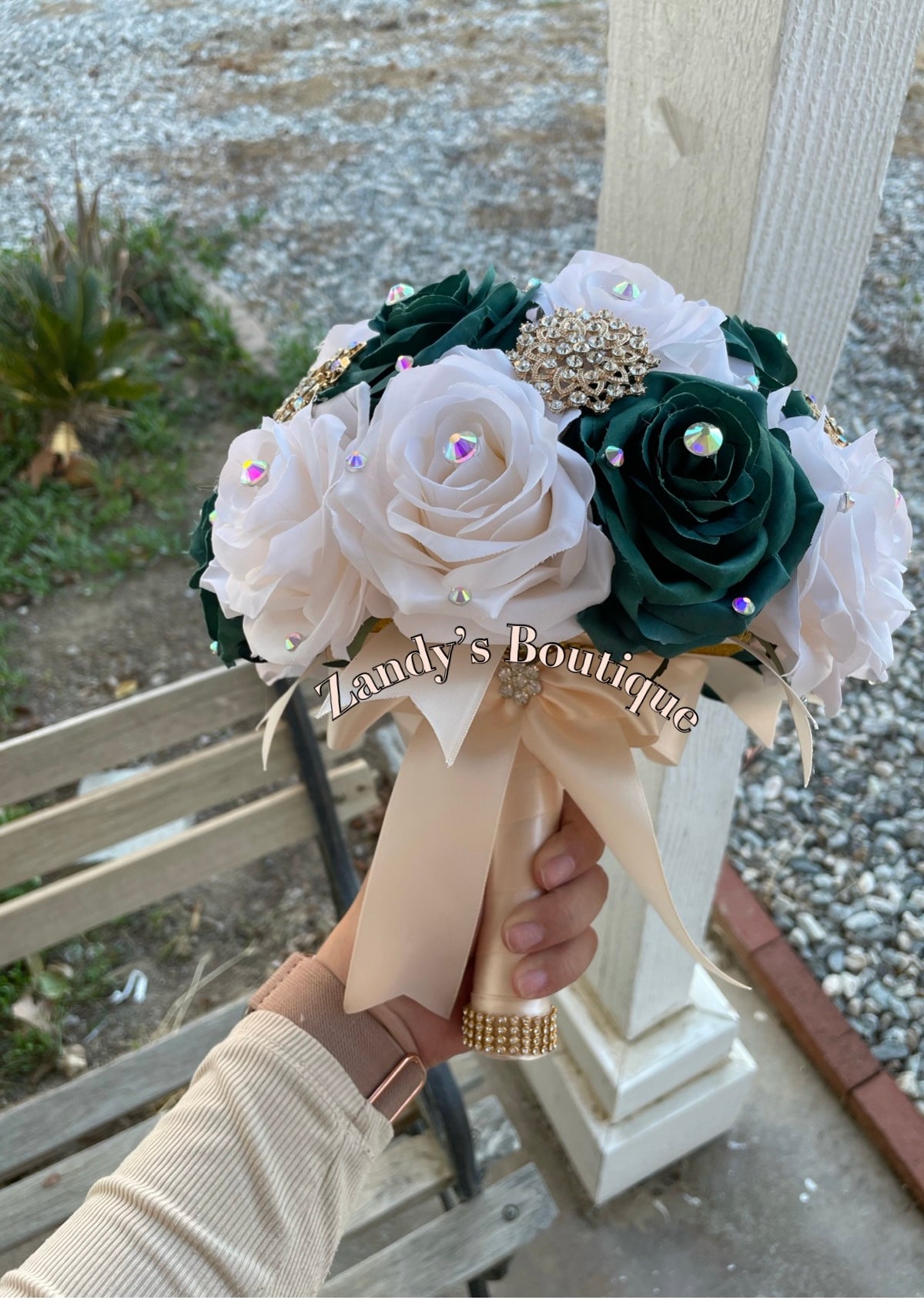 Dark Green With Cream Bouquet Along with Sparkly Gold Brooches Bouquet HGCR001 by MARINA'S CRAFT.