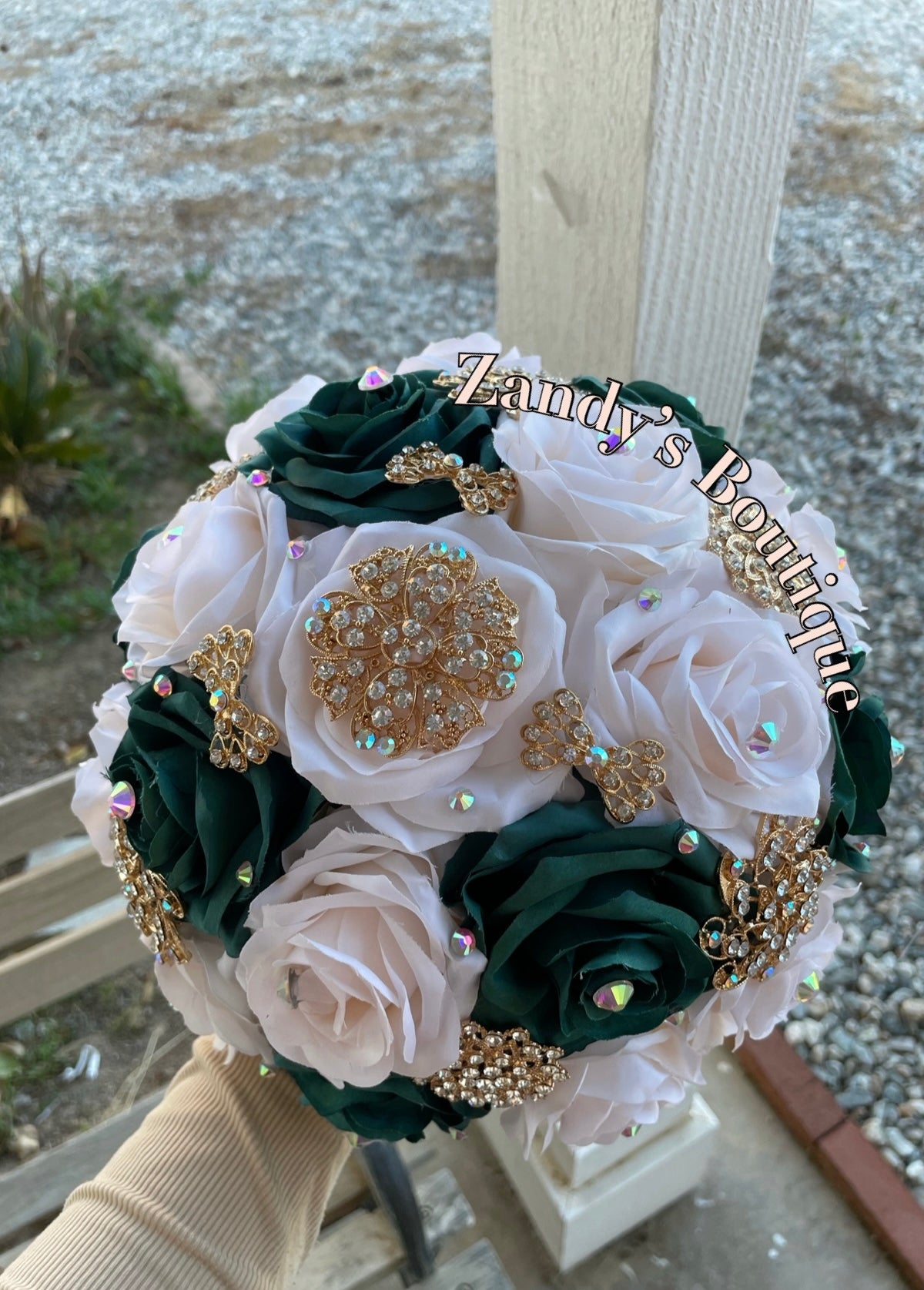 Dark Green With Cream Bouquet Along with Sparkly Gold Brooches Bouquet HGCR001 by MARINA'S CRAFT.