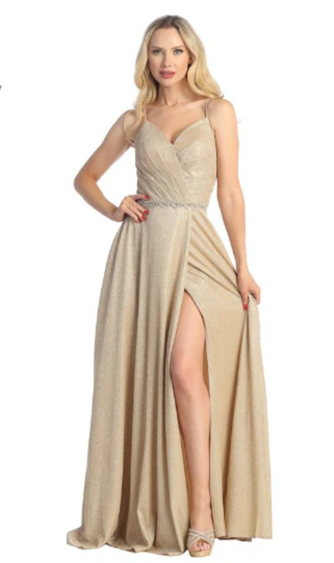 Beautiful shimmery dress A-line style perfect for your event with a touch of gems on the waist. 7739 by Let’s.