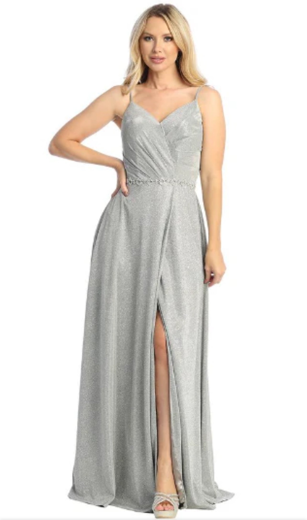 Beautiful shimmery dress A-line style perfect for your event with a touch of gems on the waist. 7739 by Let’s.