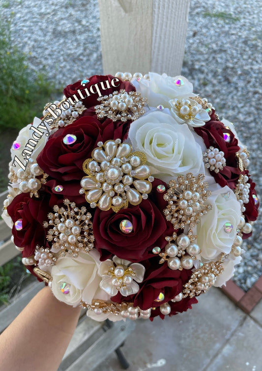 Burgundy, and Ivory with Gold Brooches and Pearls Bouquet. BURIV022 by MARINA’S CRAFT