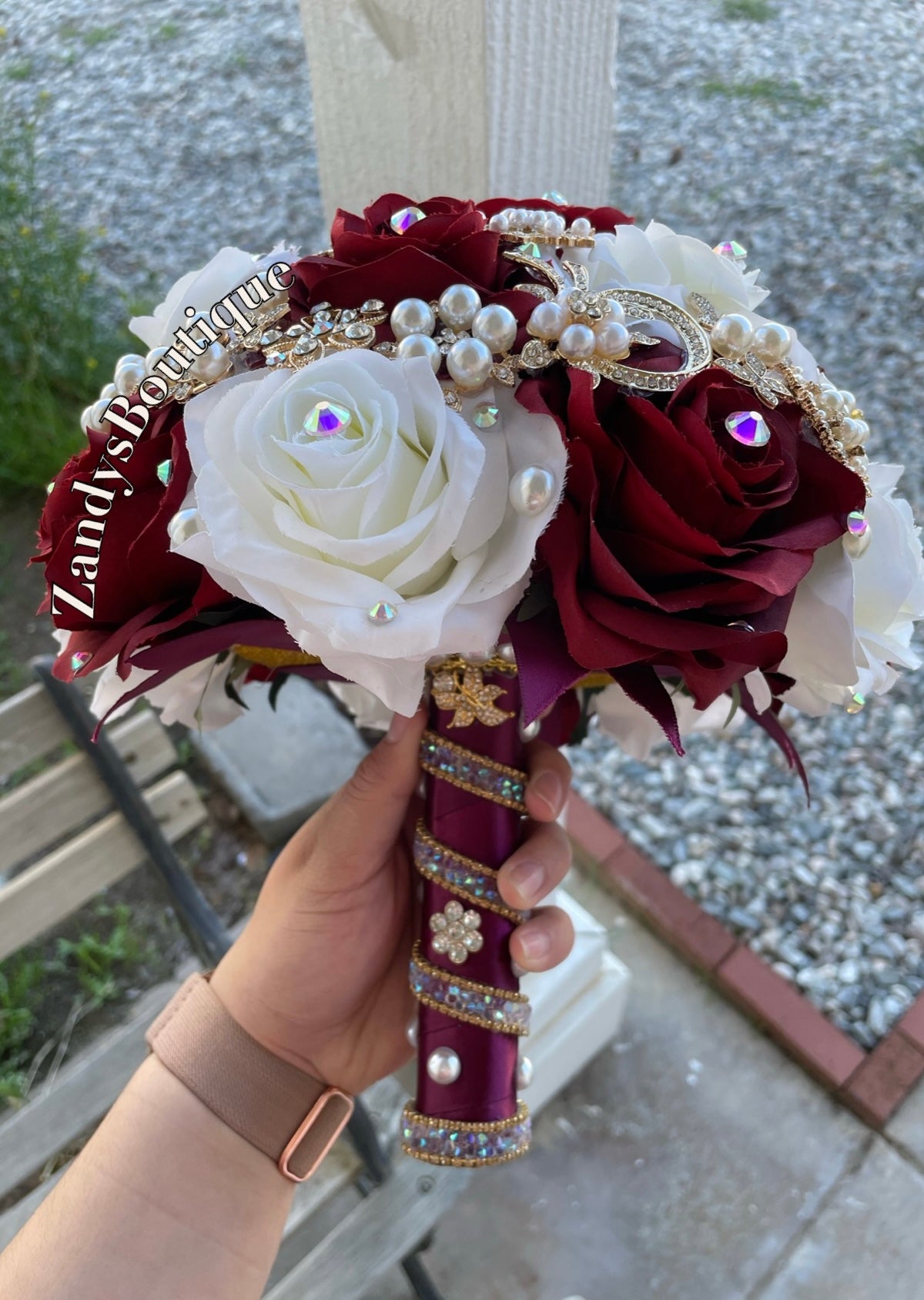 Burgundy, and Ivory with Gold Brooches and Pearls Bouquet. BURIV022 by MARINA’S CRAFT