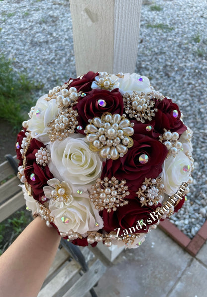 Burgundy, and Ivory with Gold Brooches and Pearls Bouquet. BURIV022 by MARINA’S CRAFT