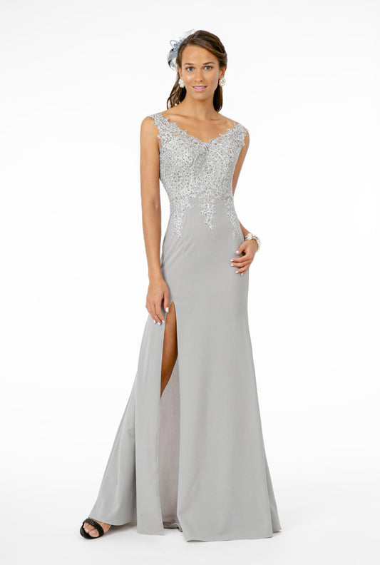 Embroidered Bodice V-Neck Jersey Long Dress w/ Slit. GL1839 By Elizabeth k