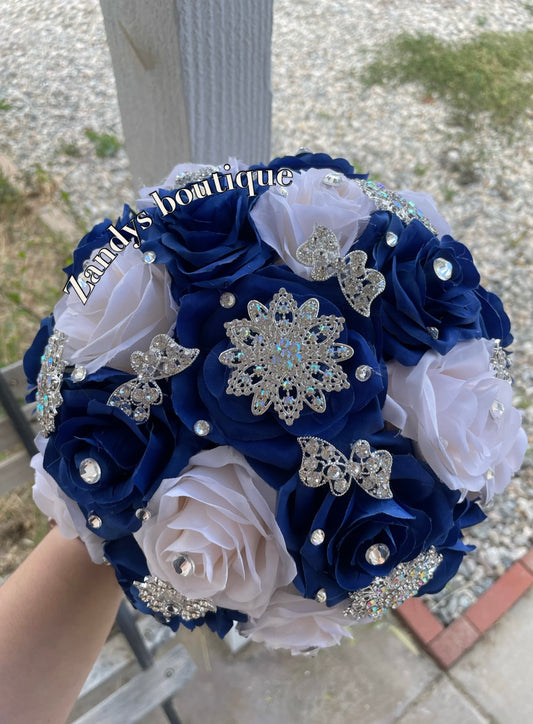 Royal Blue With Cream Bouquet Along with Sparkly SIlver Brooches Bouquet RBCR002 by MARINA'S CRAFT.