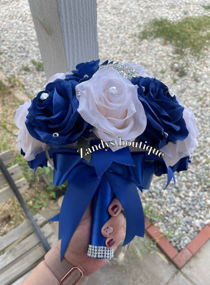 Royal Blue With Cream Bouquet Along with Sparkly SIlver Brooches Bouquet RBCR002 by MARINA'S CRAFT.