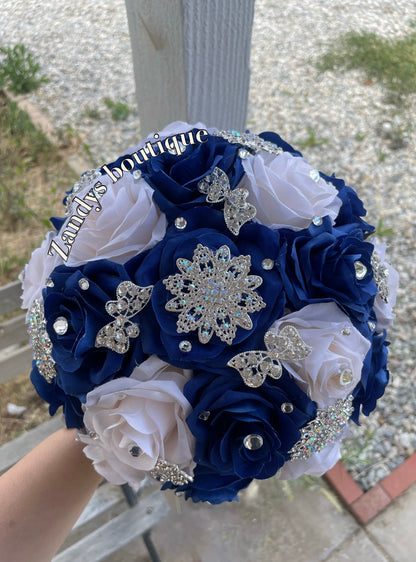 Royal Blue With Cream Bouquet Along with Sparkly SIlver Brooches Bouquet RBCR002 by MARINA'S CRAFT.