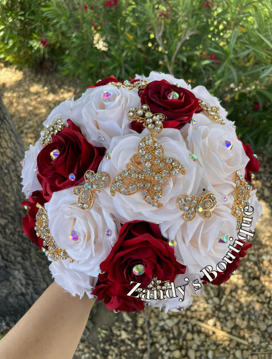 Apple Red and Cream with Gold Butterfly Brooches Bouquet. ARCH014 by MARINA'S CRAFT.