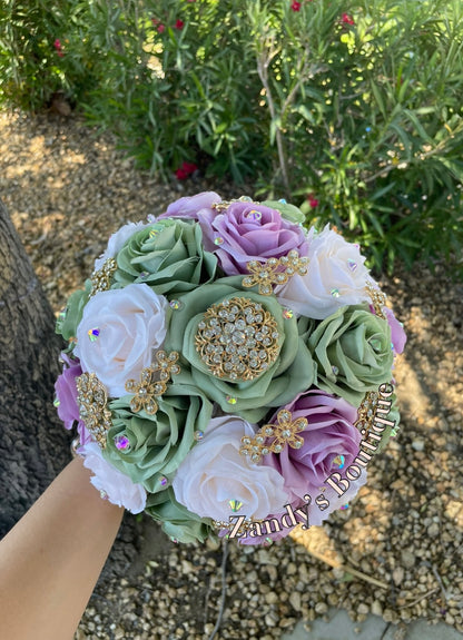 Sage, Lilac and Cream Bouquet Along with Sparkly Gold Brooches Bouquet SLCR006 by MARINA'S CRAFT