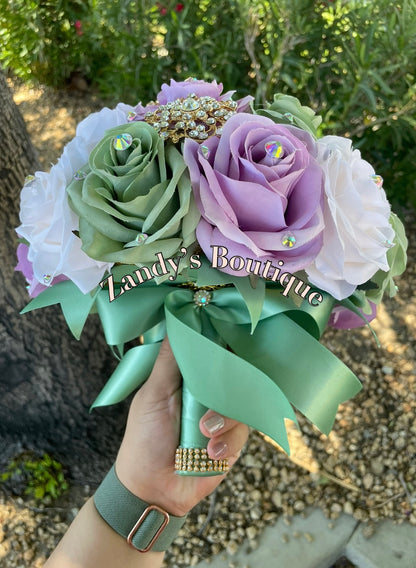 Sage, Lilac and Cream Bouquet Along with Sparkly Gold Brooches Bouquet SLCR006 by MARINA'S CRAFT