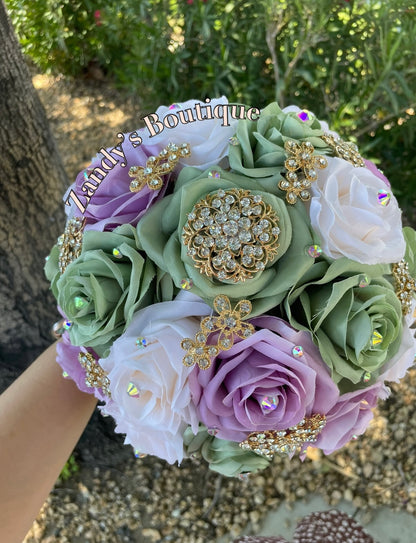 Sage, Lilac and Cream Bouquet Along with Sparkly Gold Brooches Bouquet SLCR006 by MARINA'S CRAFT