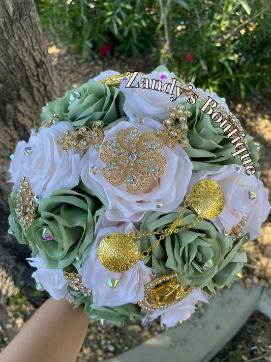 Sage and Cream with Gold Charro Brooches Bouquet. SCRRO016 by MARINA'S CRAFT.