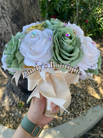 Sage and Cream with Gold Charro Brooches Bouquet. SCRRO016 by MARINA'S CRAFT.