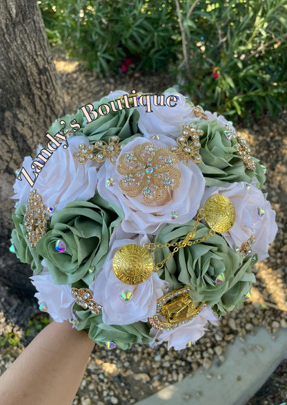 Sage and Cream with Gold Charro Brooches Bouquet. SCRRO016 by MARINA'S CRAFT.