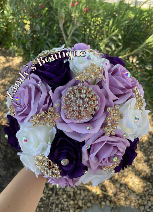 Lilac, Dark Purple, and Ivory With Gold Brooches Bouquet. LDKPI015 by MARINA'S CRAFT.