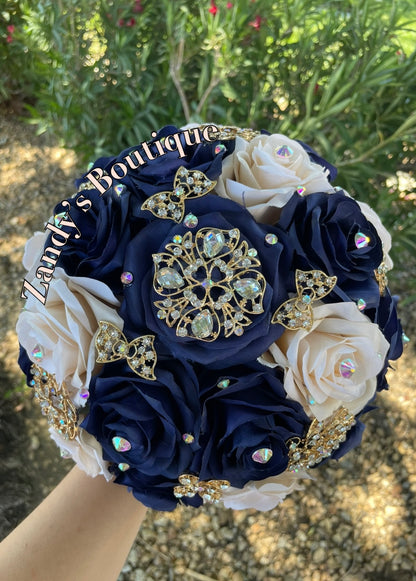 Navy and Champagne with Gold Brooches Bouquet. NYCH018 by MARINA’S CRAFT.