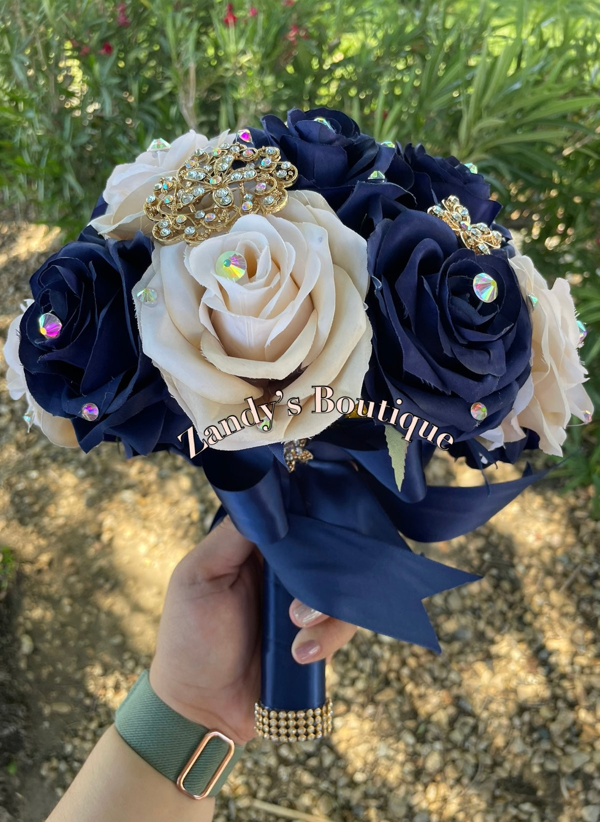 Navy and Champagne with Gold Brooches Bouquet. NYCH018 by MARINA’S CRAFT.