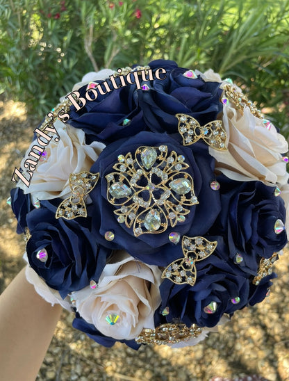 Navy and Champagne with Gold Brooches Bouquet. NYCH018 by MARINA’S CRAFT.