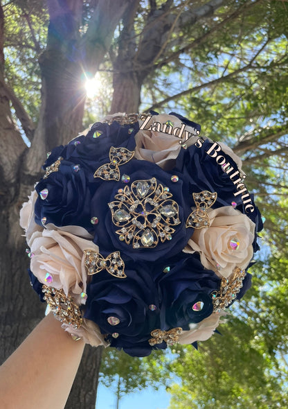 Navy and Champagne with Gold Brooches Bouquet. NYCH018 by MARINA’S CRAFT.