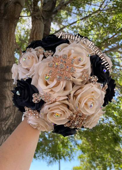 Black and Champagne with Rose Gold Brooches Bouquet. BKCH012 by MARINA'S CRAFT.