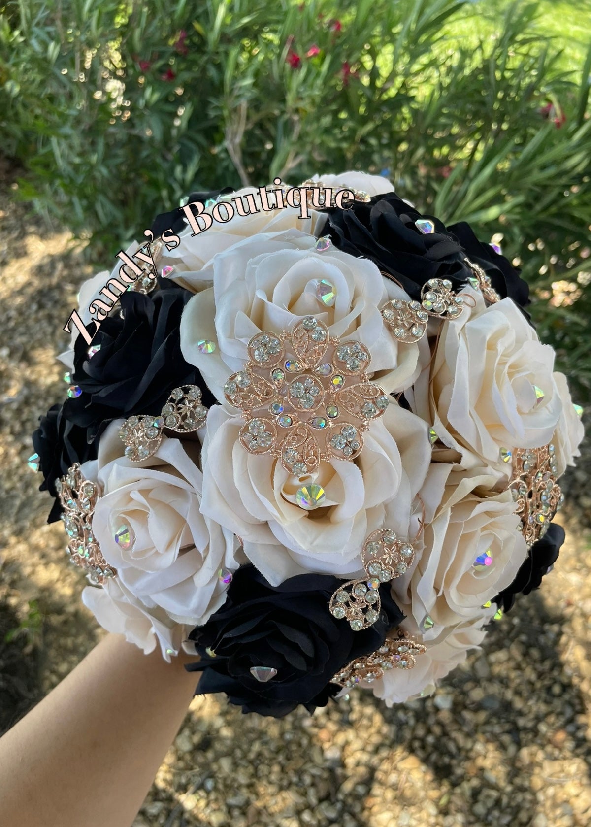 Black and Champagne with Rose Gold Brooches Bouquet. BKCH012 by MARINA'S CRAFT.