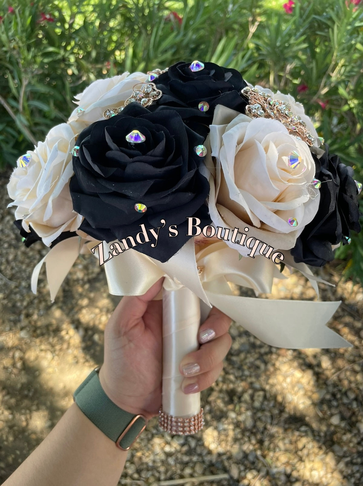 Black and Champagne with Rose Gold Brooches Bouquet. BKCH012 by MARINA'S CRAFT.