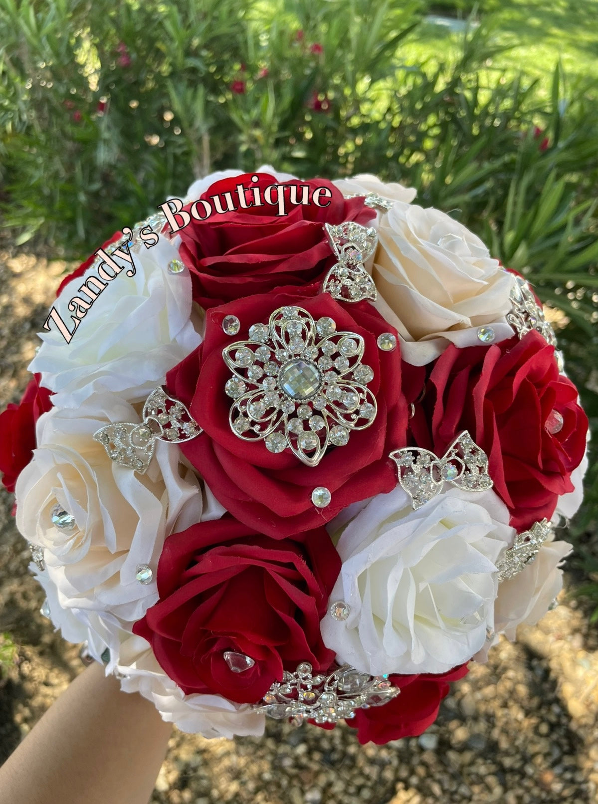 Red, Ivory and Champagne with Silver Brooches Bouquet. RICH011 by MARINA'S CRAFT