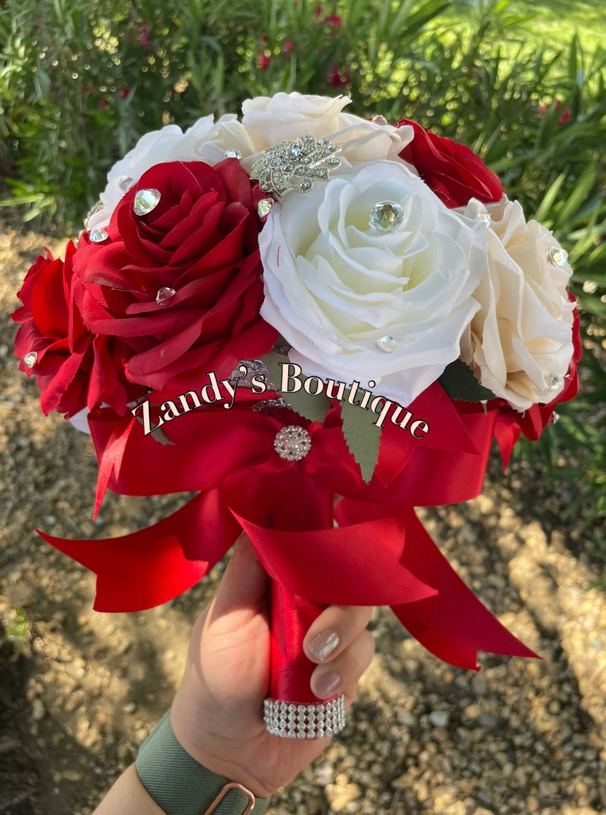 Red, Ivory and Champagne with Silver Brooches Bouquet. RICH011 by MARINA'S CRAFT