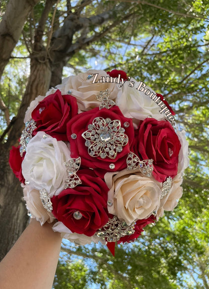 Red, Ivory and Champagne with Silver Brooches Bouquet. RICH011 by MARINA'S CRAFT