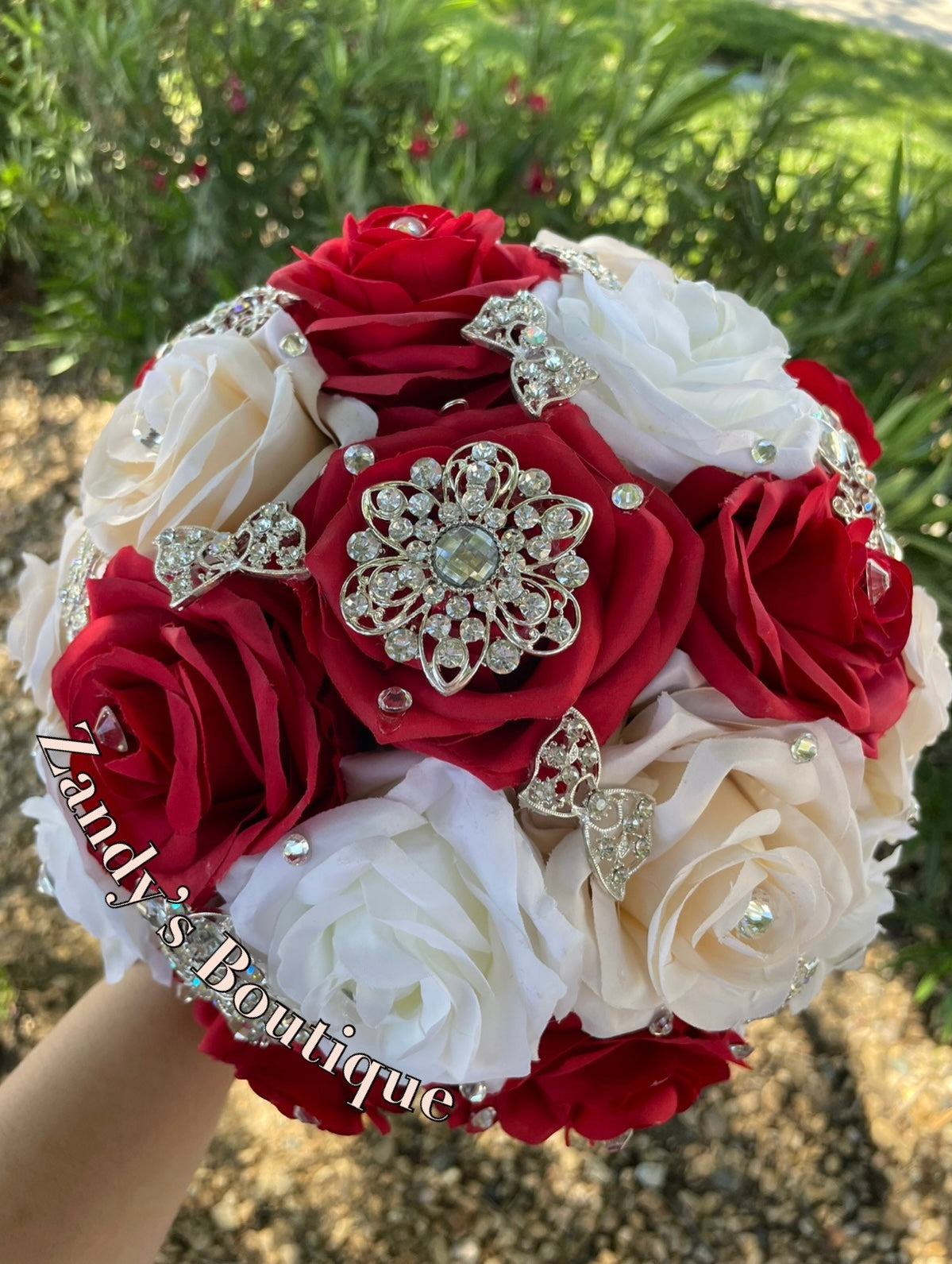 Red, Ivory and Champagne with Silver Brooches Bouquet. RICH011 by MARINA'S CRAFT