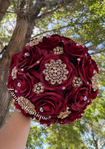 Burgundy Bouquet Along with Sparkly Gold Brooches Bouquet BUR007 by MARINA'S CRAFT