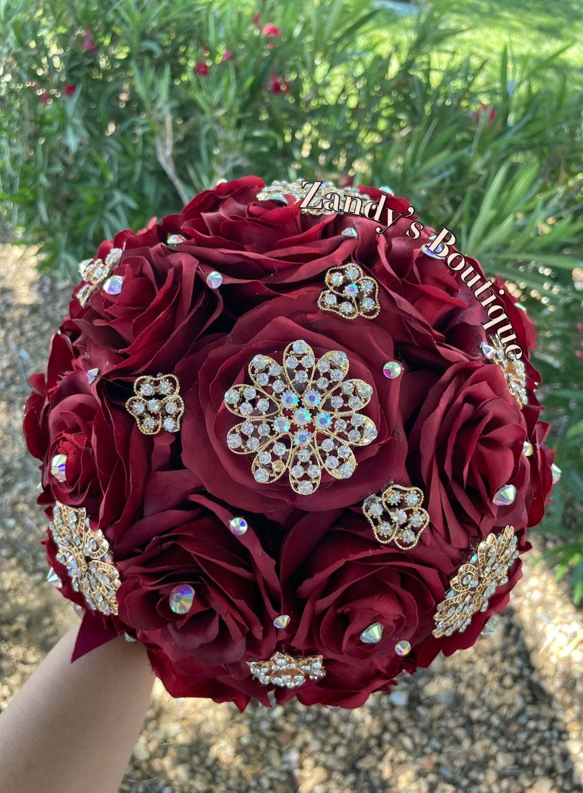 Burgundy Bouquet Along with Sparkly Gold Brooches Bouquet BUR007 by MARINA'S CRAFT