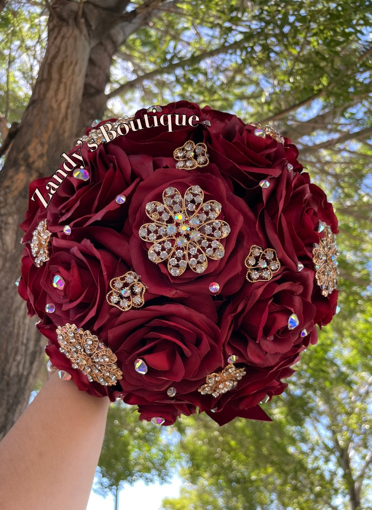 Burgundy Bouquet Along with Sparkly Gold Brooches Bouquet BUR007 by MARINA'S CRAFT