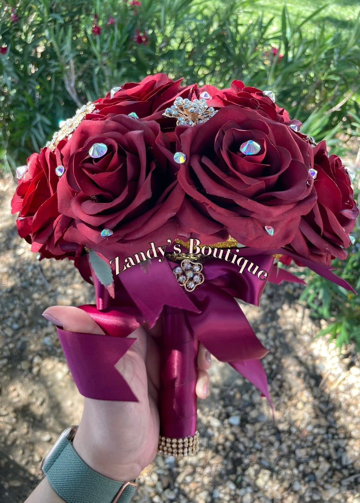 Burgundy Bouquet Along with Sparkly Gold Brooches Bouquet BUR007 by MARINA'S CRAFT