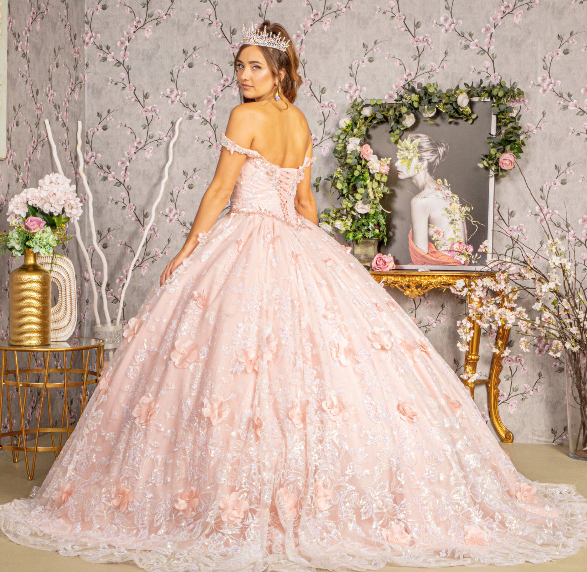 3-D Butterfly Applique Jewel Sequin Quinceanera Ball Gown. GL3183 GLS by Elizabeth K