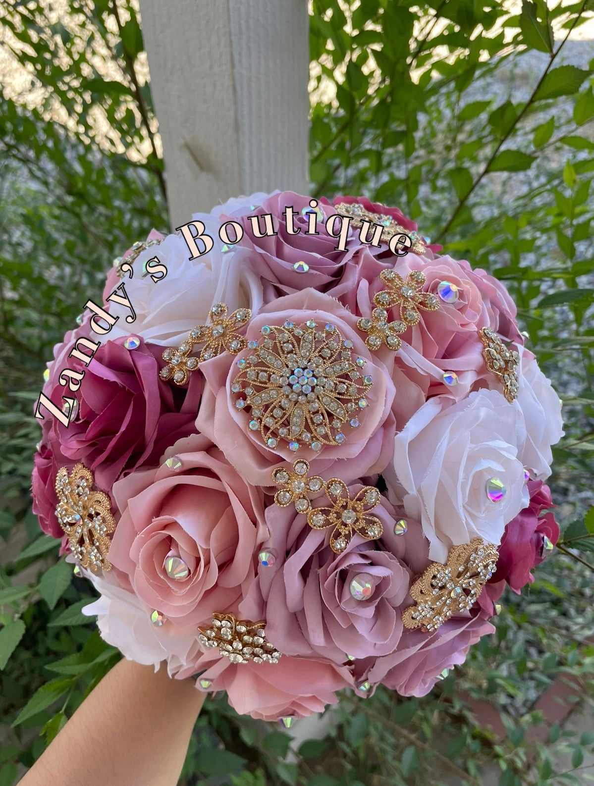 Blush, Mauve, Cream, and Magenta with gold brooches bouquet. BLCRMA009 by MARINA'S CRAFT.